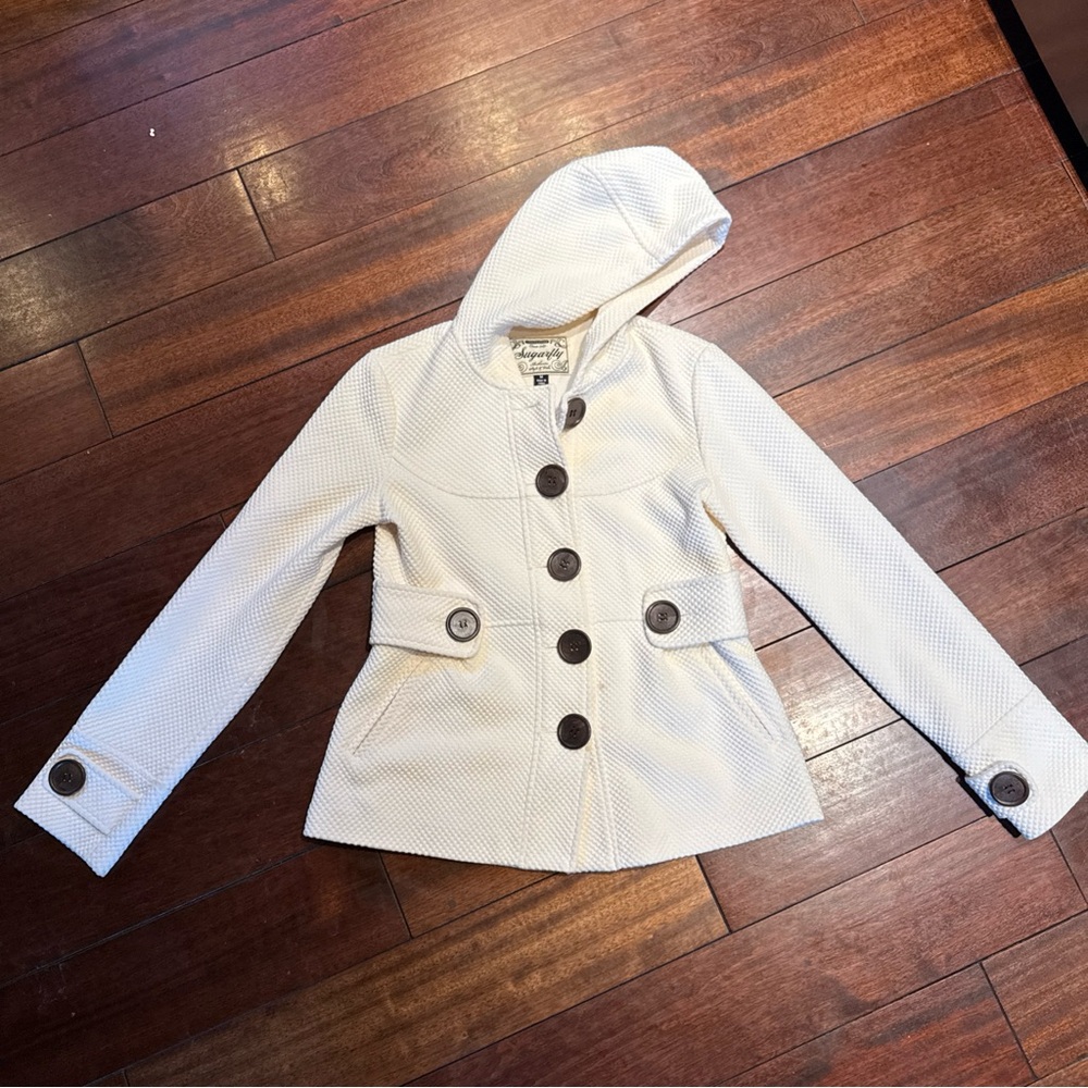 White Hooded Pea Coat with Button Detail